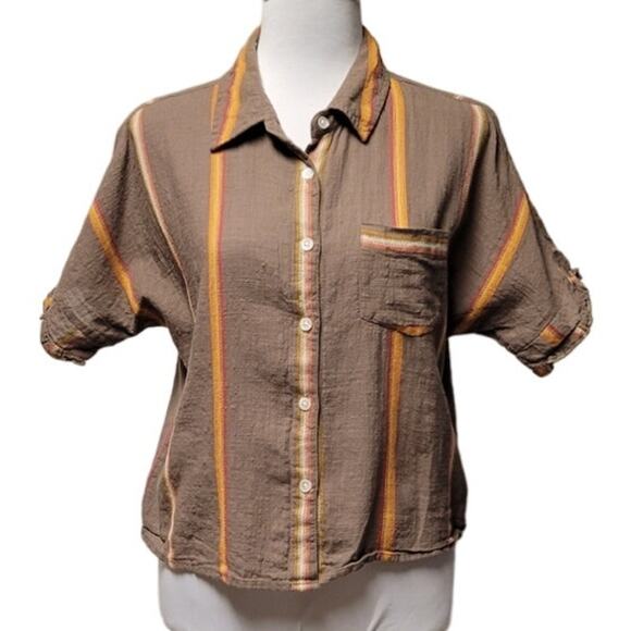 THML Embroidered Button Up Top Women's M Striped Boho Southwest Boxy Fit Retro - Picture 1 of 10